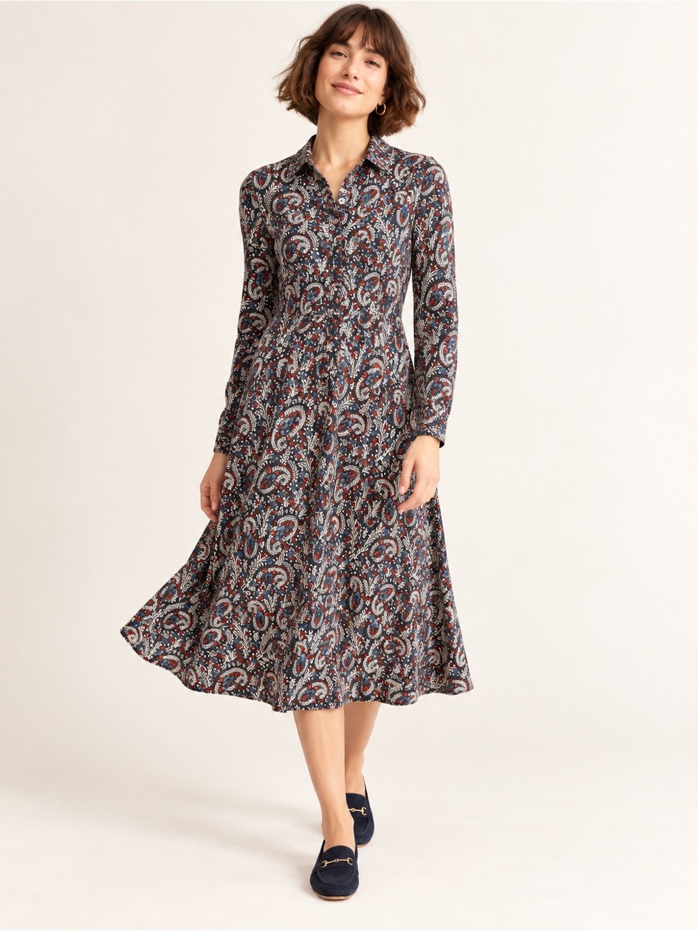 Boden Navy and Rust Paisley Long-Sleeve Shirt Dress